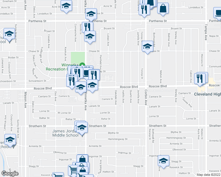 map of restaurants, bars, coffee shops, grocery stores, and more near 19926 Roscoe Boulevard in Los Angeles