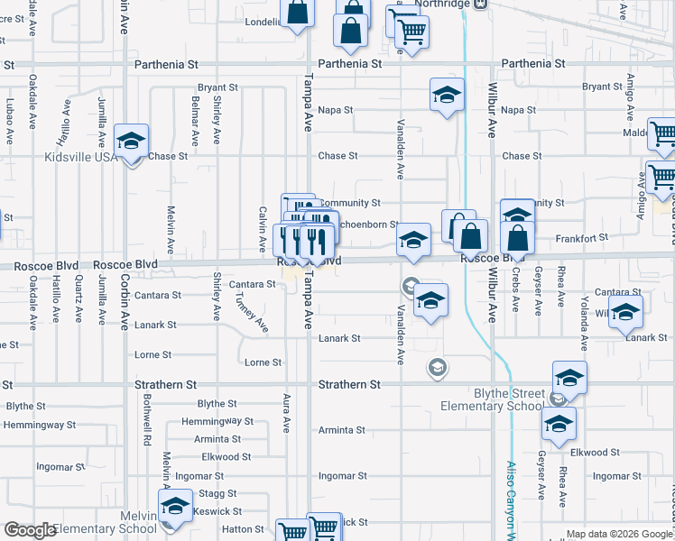 map of restaurants, bars, coffee shops, grocery stores, and more near 19222 Roscoe Boulevard in Los Angeles