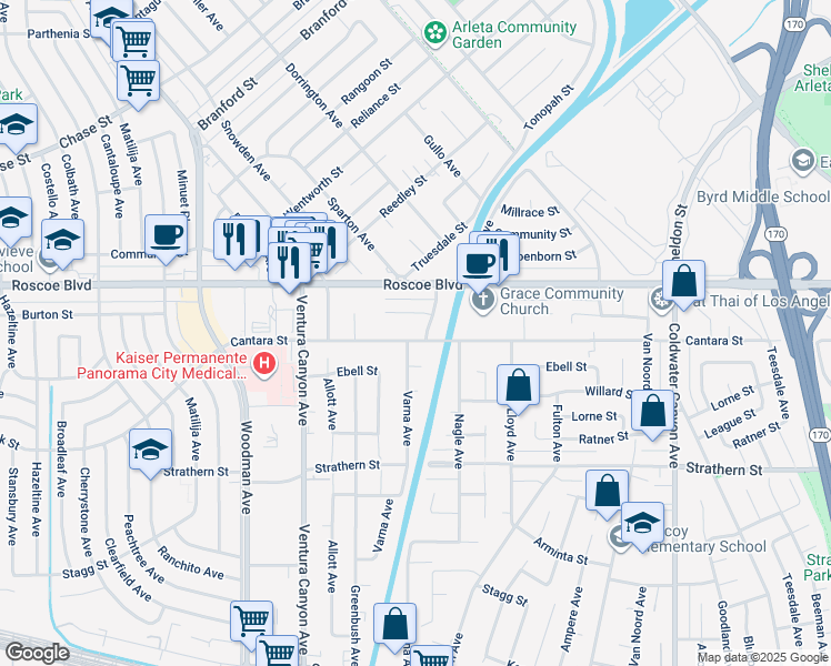 map of restaurants, bars, coffee shops, grocery stores, and more near 13349 Cantara Street in Los Angeles