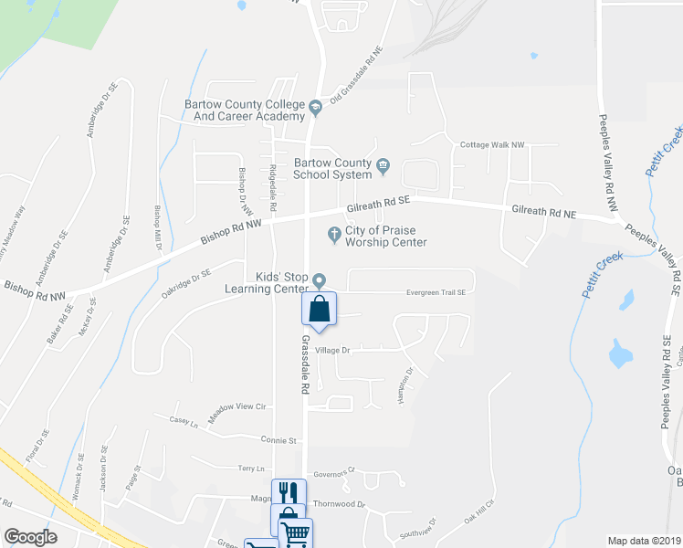 map of restaurants, bars, coffee shops, grocery stores, and more near 201 AF Evergreen Trail in Cartersville