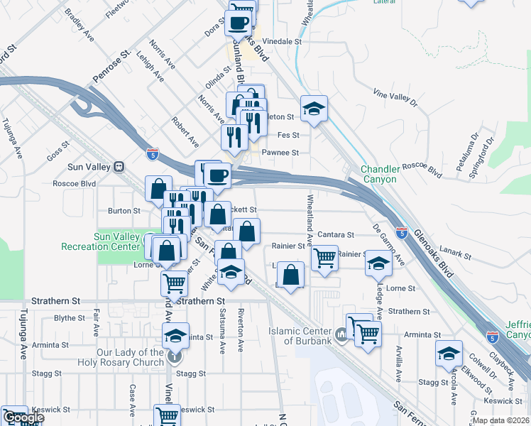 map of restaurants, bars, coffee shops, grocery stores, and more near 8214 North Clybourn Avenue in Los Angeles