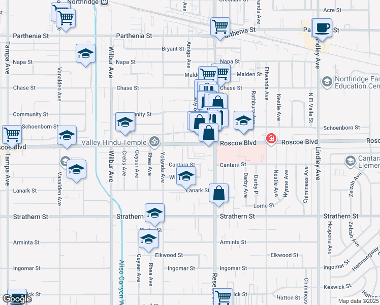 map of restaurants, bars, coffee shops, grocery stores, and more near 18539 Cantara Street in Los Angeles
