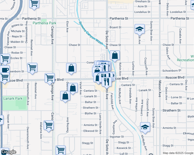 map of restaurants, bars, coffee shops, grocery stores, and more near 20940 Roscoe Boulevard in Los Angeles