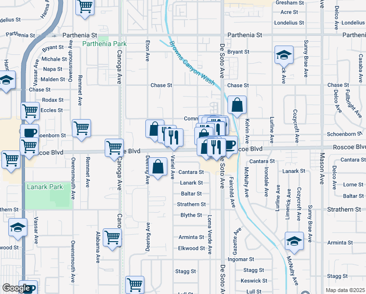 map of restaurants, bars, coffee shops, grocery stores, and more near 21024 Roscoe Boulevard in Los Angeles