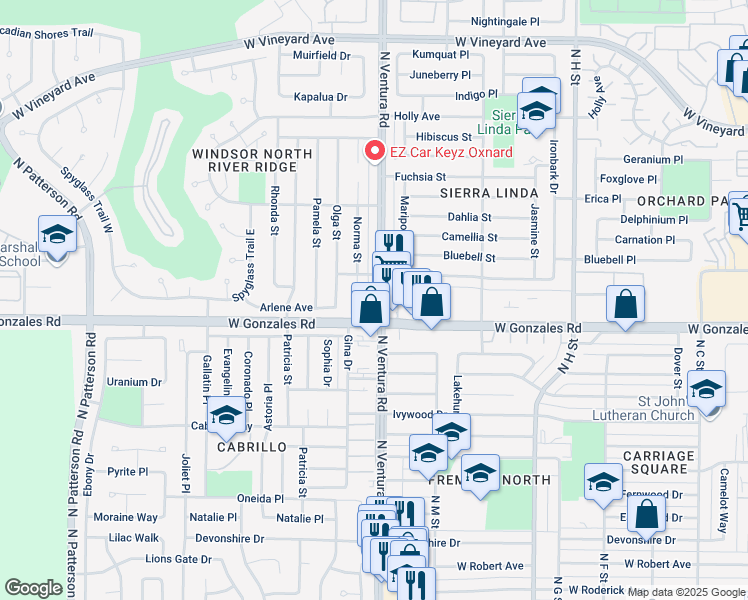 map of restaurants, bars, coffee shops, grocery stores, and more near in Oxnard