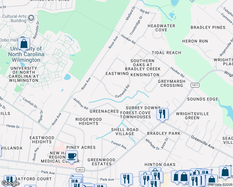 map of restaurants, bars, coffee shops, grocery stores, and more near 5430 Eastwind Road in Wilmington
