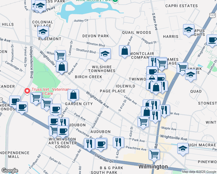 map of restaurants, bars, coffee shops, grocery stores, and more near 1018 Page Avenue in Wilmington