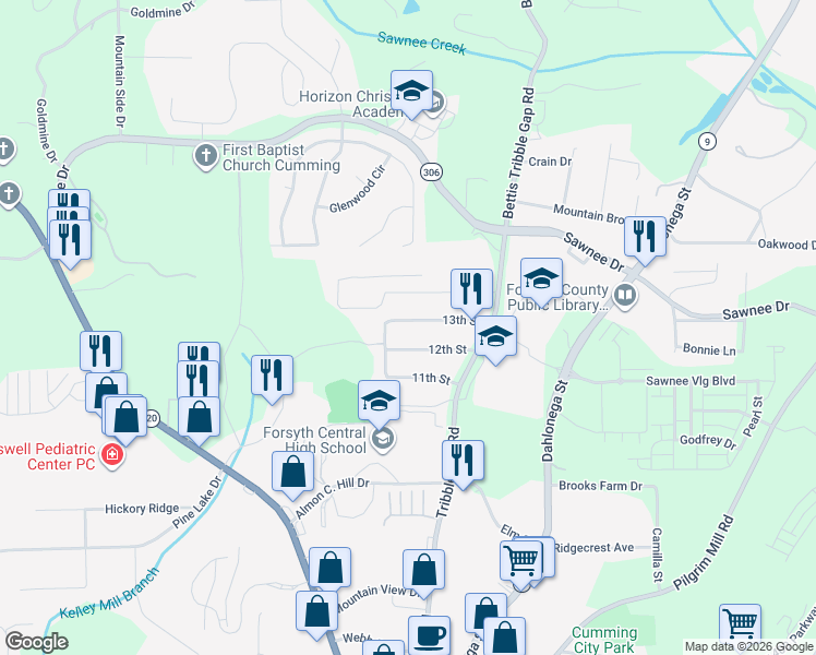 map of restaurants, bars, coffee shops, grocery stores, and more near 122 13th Street in Cumming