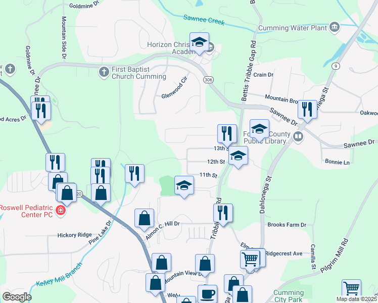 map of restaurants, bars, coffee shops, grocery stores, and more near 128 13th Street in Cumming