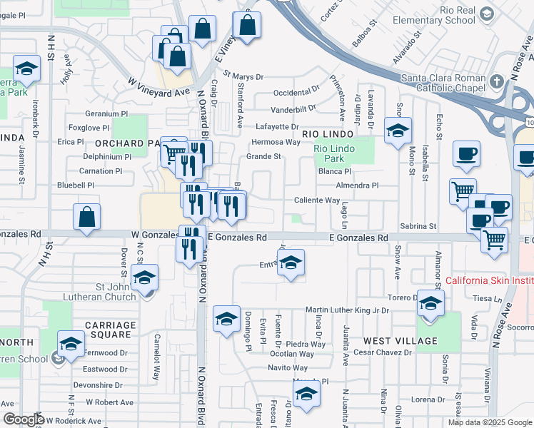 map of restaurants, bars, coffee shops, grocery stores, and more near 512 Bolsa Way in Oxnard