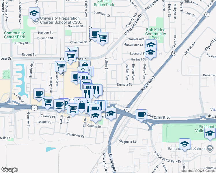 map of restaurants, bars, coffee shops, grocery stores, and more near 2451 Barry Street in Camarillo
