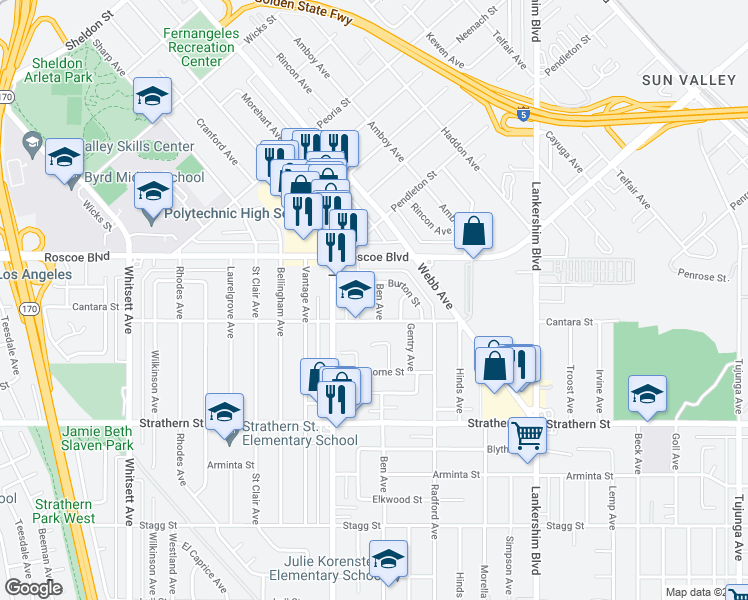 map of restaurants, bars, coffee shops, grocery stores, and more near 8227 Ben Avenue in Los Angeles