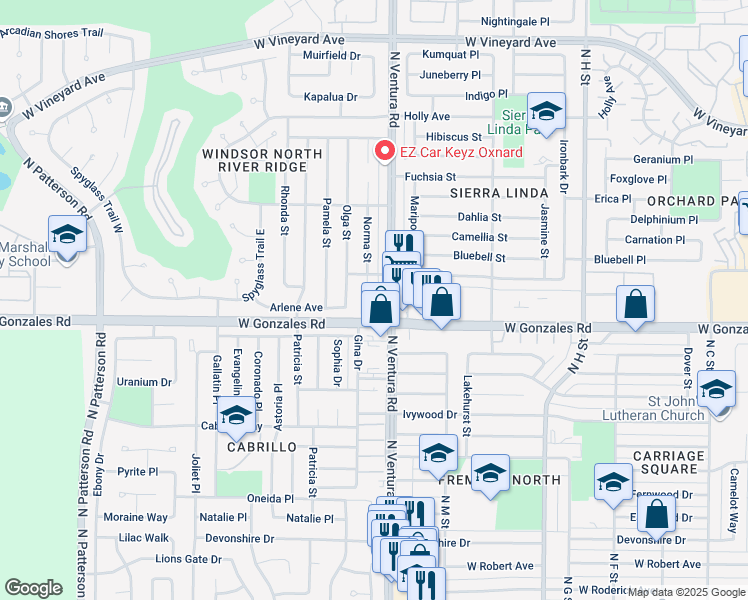 map of restaurants, bars, coffee shops, grocery stores, and more near 1930 Norma Street in Oxnard