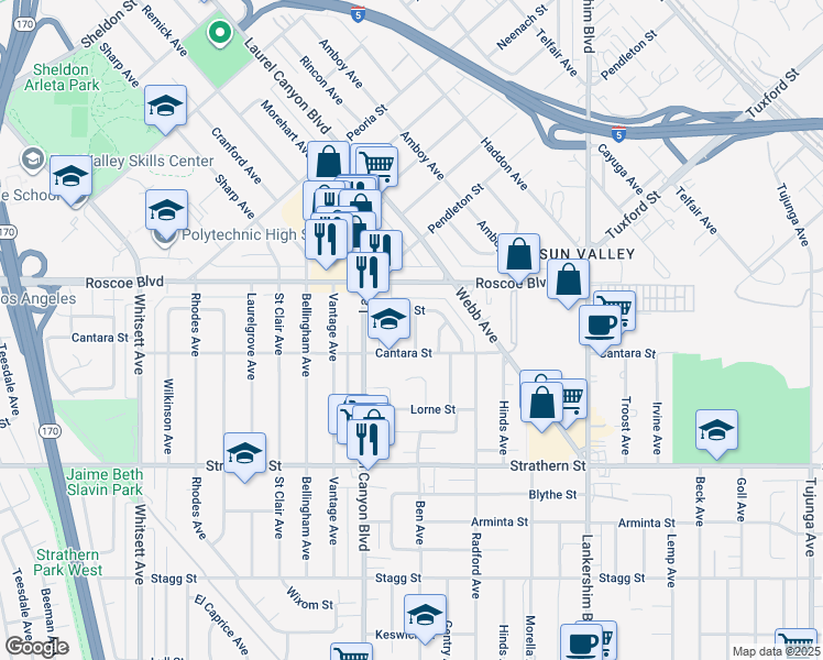 map of restaurants, bars, coffee shops, grocery stores, and more near 8227 Ben Avenue in Los Angeles