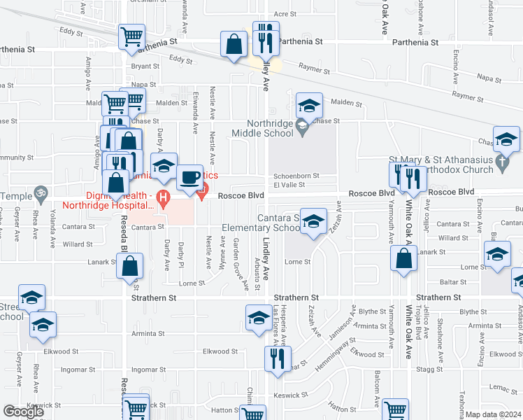 map of restaurants, bars, coffee shops, grocery stores, and more near 8227 Lindley Avenue in Los Angeles