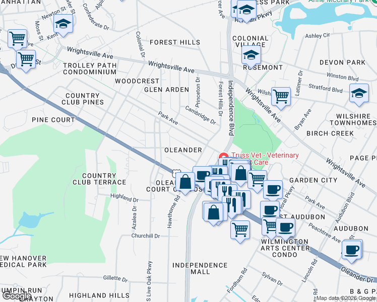 map of restaurants, bars, coffee shops, grocery stores, and more near in Wilmington