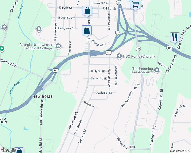map of restaurants, bars, coffee shops, grocery stores, and more near 2425 1/2 Maple Road Southeast in Rome