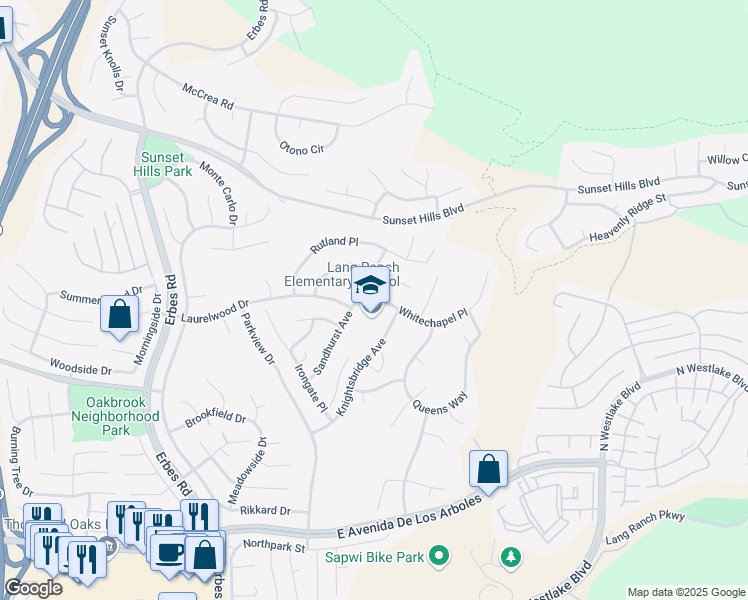 map of restaurants, bars, coffee shops, grocery stores, and more near 2450 Whitechapel Place in Thousand Oaks