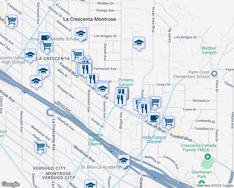 map of restaurants, bars, coffee shops, grocery stores, and more near 4535 Briggs Avenue in La Crescenta-Montrose