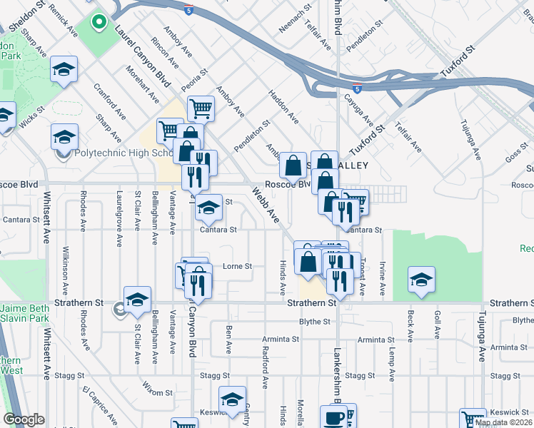 map of restaurants, bars, coffee shops, grocery stores, and more near 8239 Webb Avenue in Los Angeles
