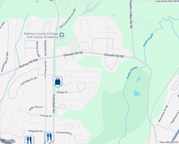 map of restaurants, bars, coffee shops, grocery stores, and more near 125 Evergreen Trail Southeast in Cartersville
