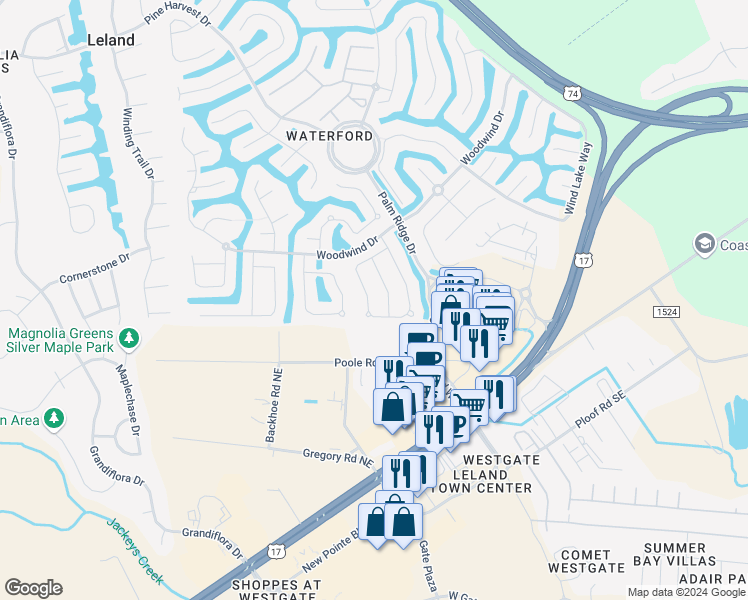 map of restaurants, bars, coffee shops, grocery stores, and more near 1053 Garden Club Way in Leland
