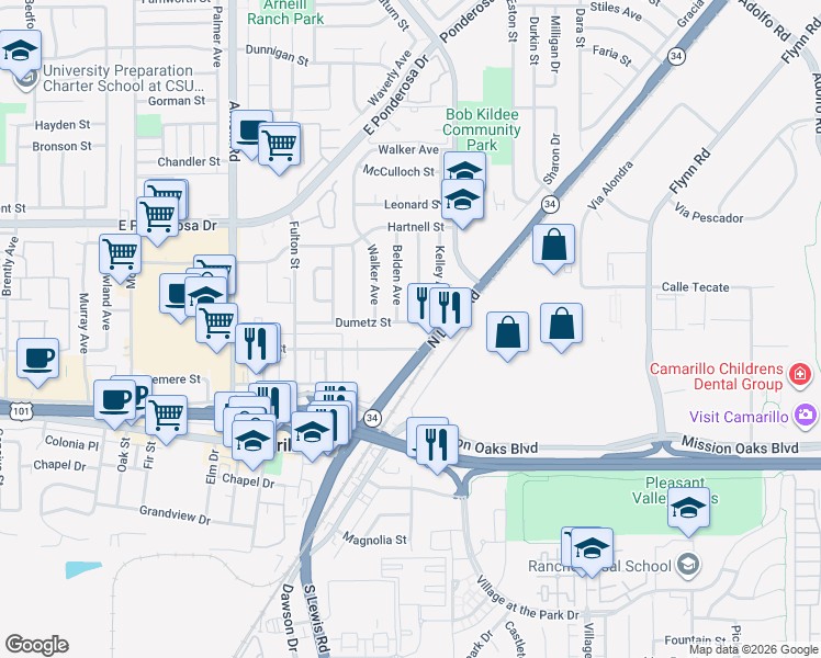 map of restaurants, bars, coffee shops, grocery stores, and more near 2842 Dumetz Street in Camarillo