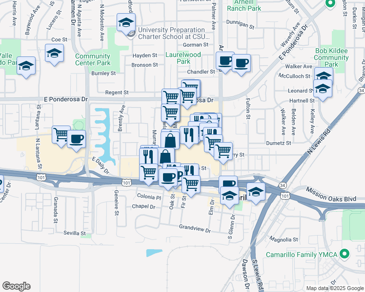 map of restaurants, bars, coffee shops, grocery stores, and more near 323 Mobil Avenue in Camarillo