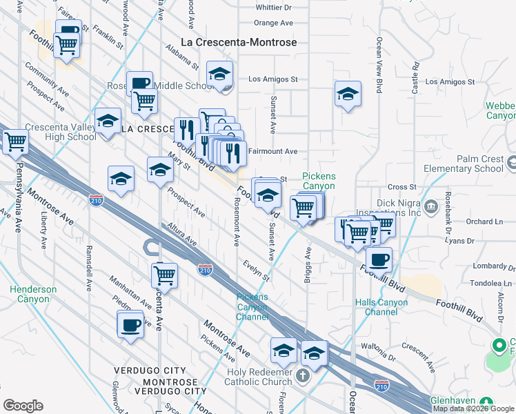 map of restaurants, bars, coffee shops, grocery stores, and more near 2526 Foothill Boulevard in La Crescenta-Montrose