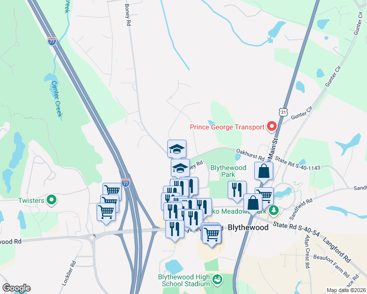 map of restaurants, bars, coffee shops, grocery stores, and more near 301 Oakhurst Place in Blythewood