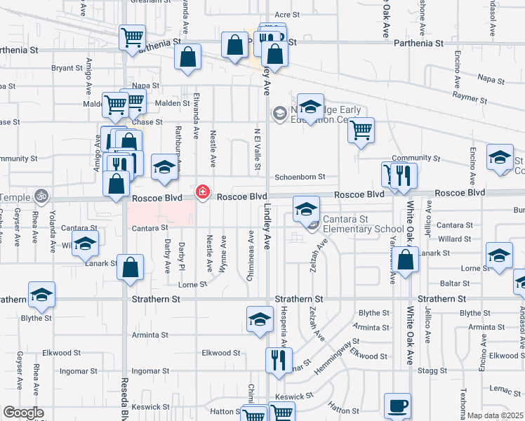 map of restaurants, bars, coffee shops, grocery stores, and more near 8227 Lindley Avenue in Los Angeles