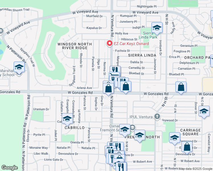 map of restaurants, bars, coffee shops, grocery stores, and more near 1930 Norma Street in Oxnard