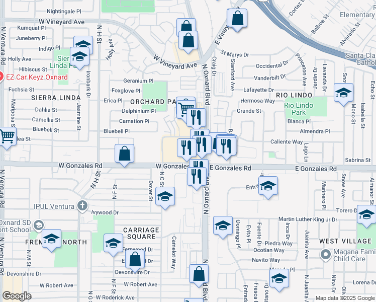 map of restaurants, bars, coffee shops, grocery stores, and more near 301 West Gonzales Road in Oxnard