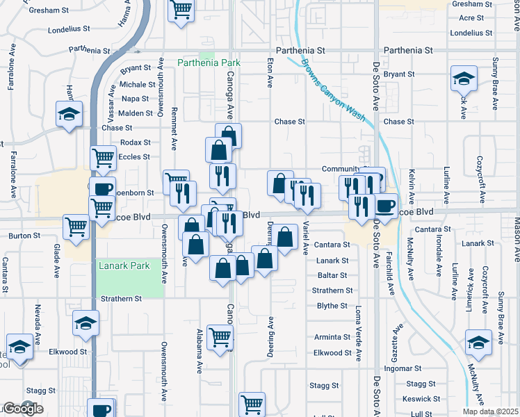 map of restaurants, bars, coffee shops, grocery stores, and more near 21315 Roscoe Boulevard in Los Angeles
