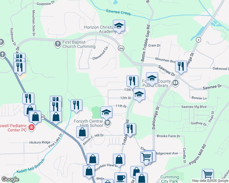 map of restaurants, bars, coffee shops, grocery stores, and more near 122 13th Street in Cumming