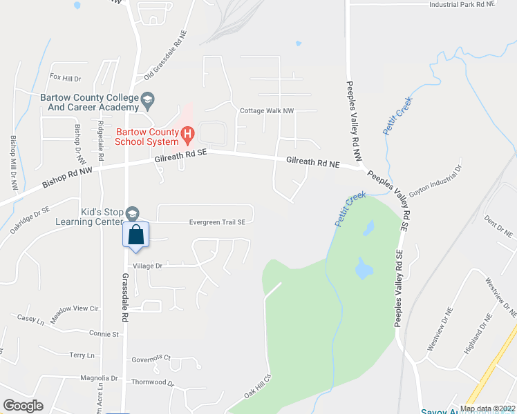 map of restaurants, bars, coffee shops, grocery stores, and more near 245 Evergreen Trail Southeast in Cartersville