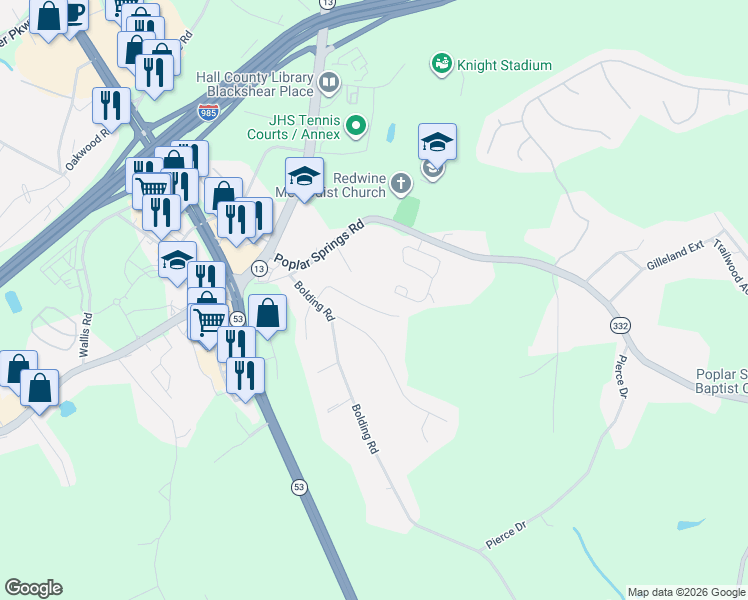 map of restaurants, bars, coffee shops, grocery stores, and more near 3559 Browning Drive in Flowery Branch