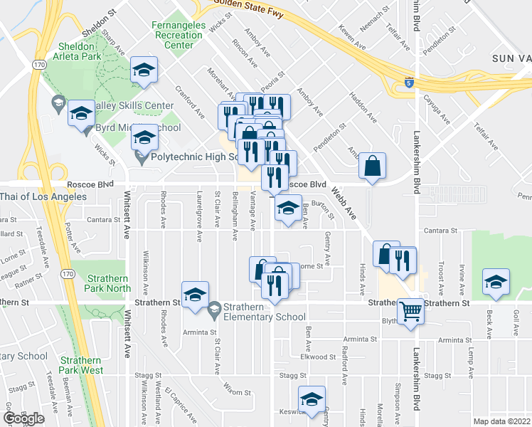 map of restaurants, bars, coffee shops, grocery stores, and more near 8217 Laurel Canyon Boulevard in Los Angeles