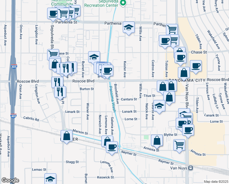 map of restaurants, bars, coffee shops, grocery stores, and more near 8163 Brimfield Avenue in Los Angeles