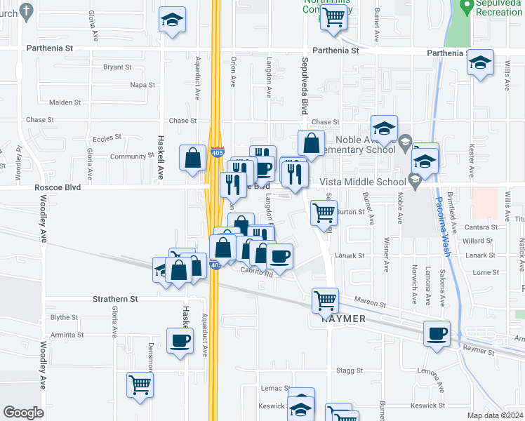 map of restaurants, bars, coffee shops, grocery stores, and more near 1/2 Van Nuys Boulevard in Los Angeles