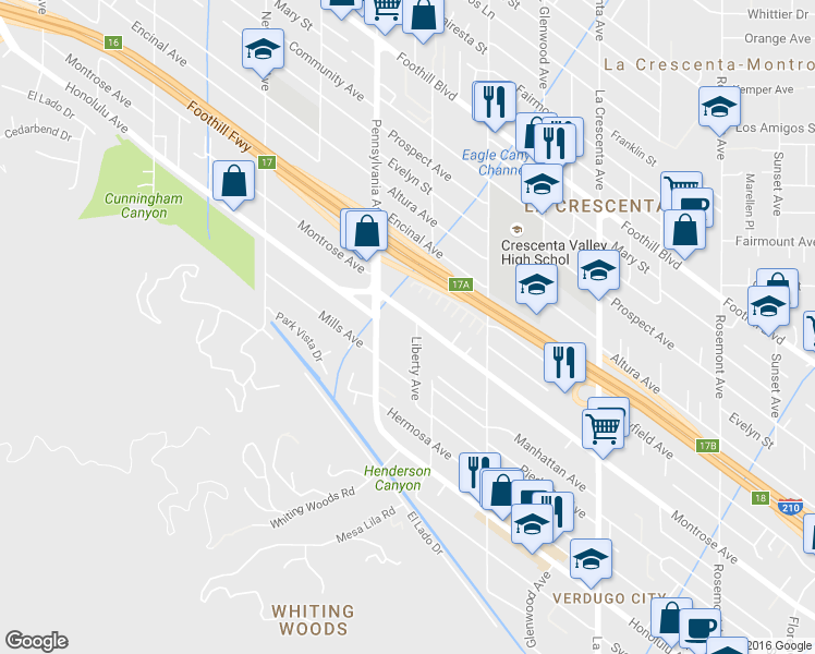 map of restaurants, bars, coffee shops, grocery stores, and more near 3147 Mills Avenue in Glendale