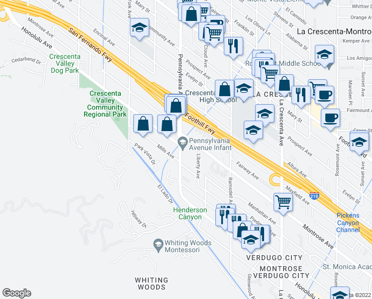 map of restaurants, bars, coffee shops, grocery stores, and more near 3147 Mills Avenue in Glendale
