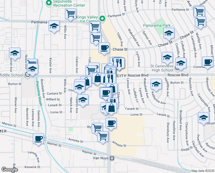 map of restaurants, bars, coffee shops, grocery stores, and more near 8215 Van Nuys Blvd in Los Angeles