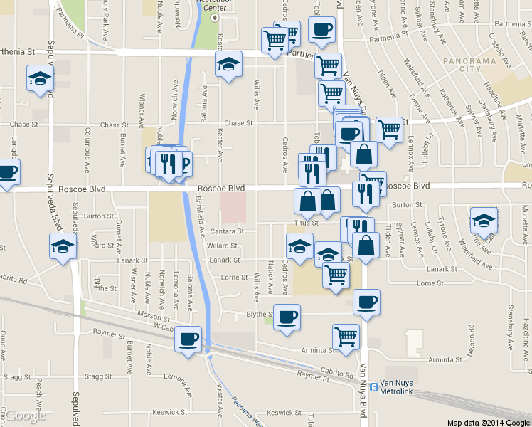 map of restaurants, bars, coffee shops, grocery stores, and more near 8150 Willis Avenue in Los Angeles