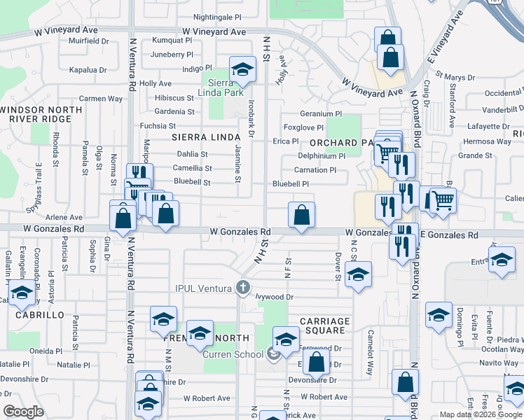 map of restaurants, bars, coffee shops, grocery stores, and more near in Oxnard