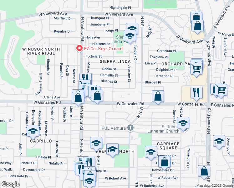 map of restaurants, bars, coffee shops, grocery stores, and more near 1910 Lantana Street in Oxnard