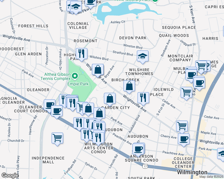 map of restaurants, bars, coffee shops, grocery stores, and more near 1119 Floral Parkway in Wilmington