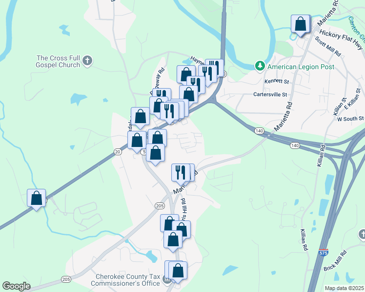 map of restaurants, bars, coffee shops, grocery stores, and more near 245 Herndon Way in Canton