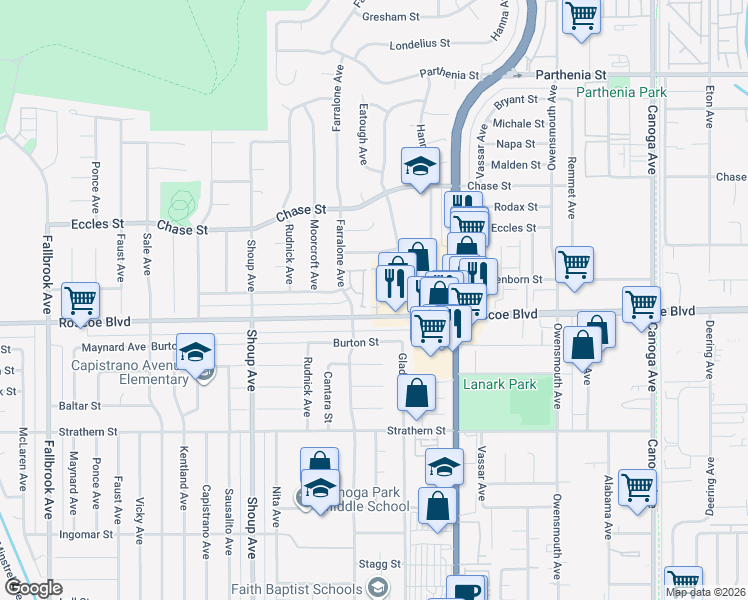 map of restaurants, bars, coffee shops, grocery stores, and more near 8315 North Peyton Way in Los Angeles