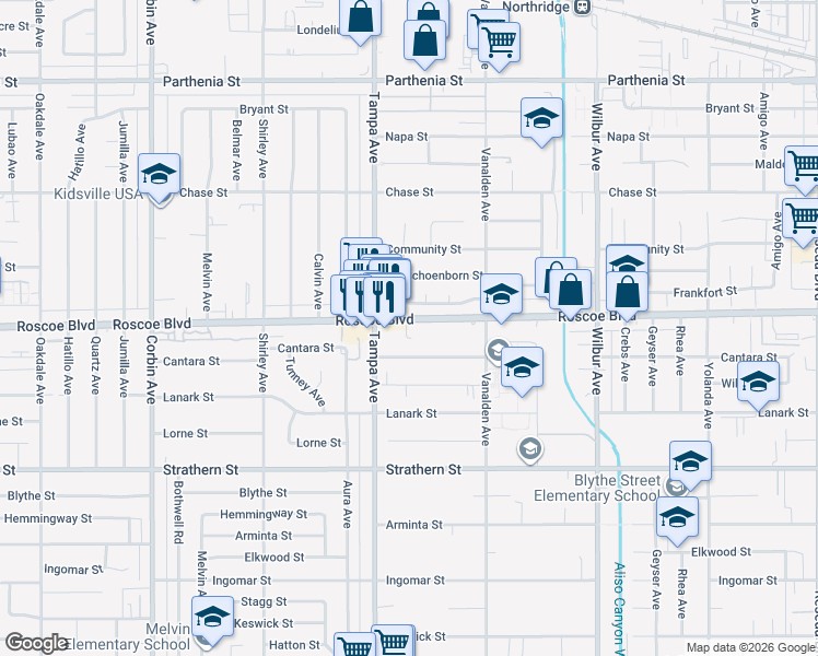 map of restaurants, bars, coffee shops, grocery stores, and more near 19222 Roscoe Boulevard in Los Angeles
